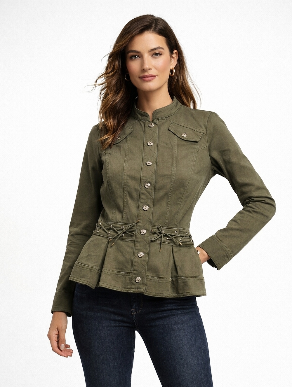 White House Black Market Jacket L Olive Green Peplum Lace Up